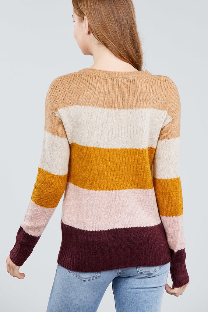 Long Sleeve Round Neck Color Block Sweater