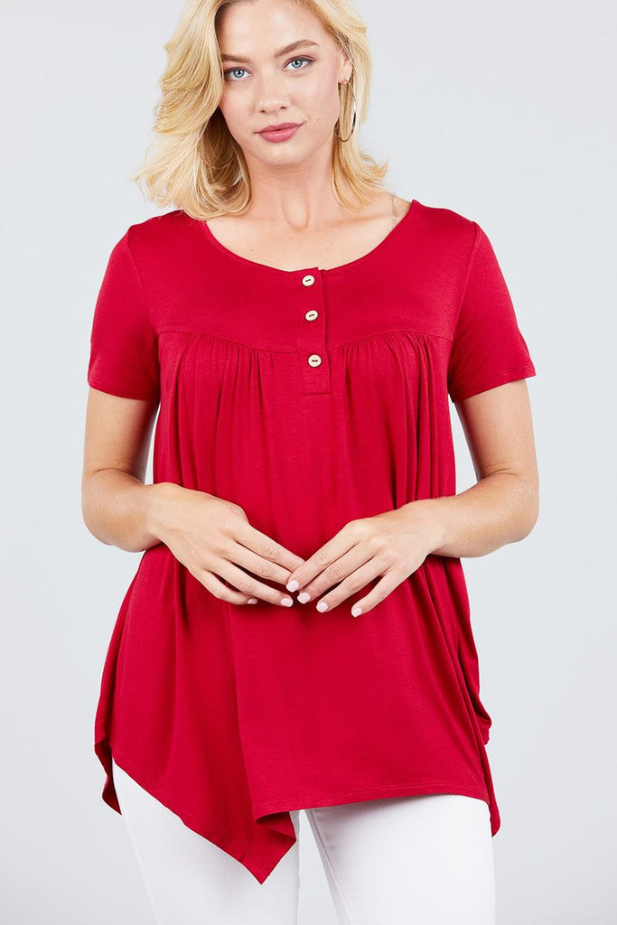 Short Sleeve Scoop Neck W/button Shirring Detail Rayon Spandex Top