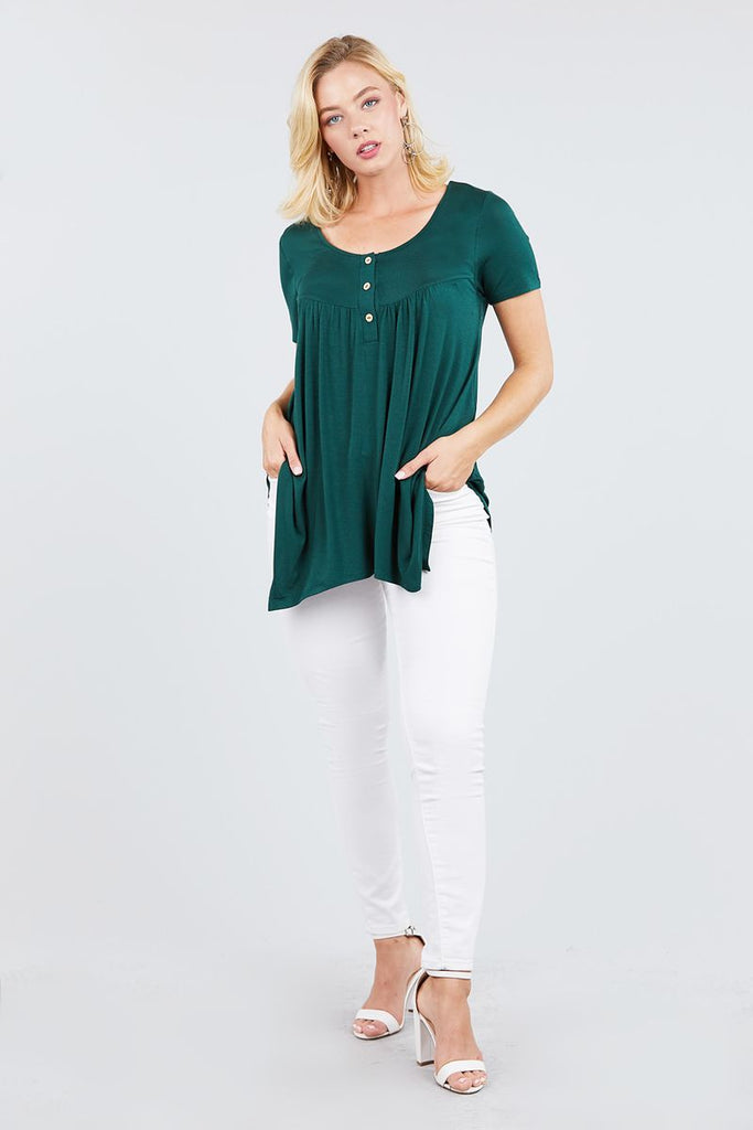 Short Sleeve Scoop Neck W/button Shirring Detail Rayon Spandex Top