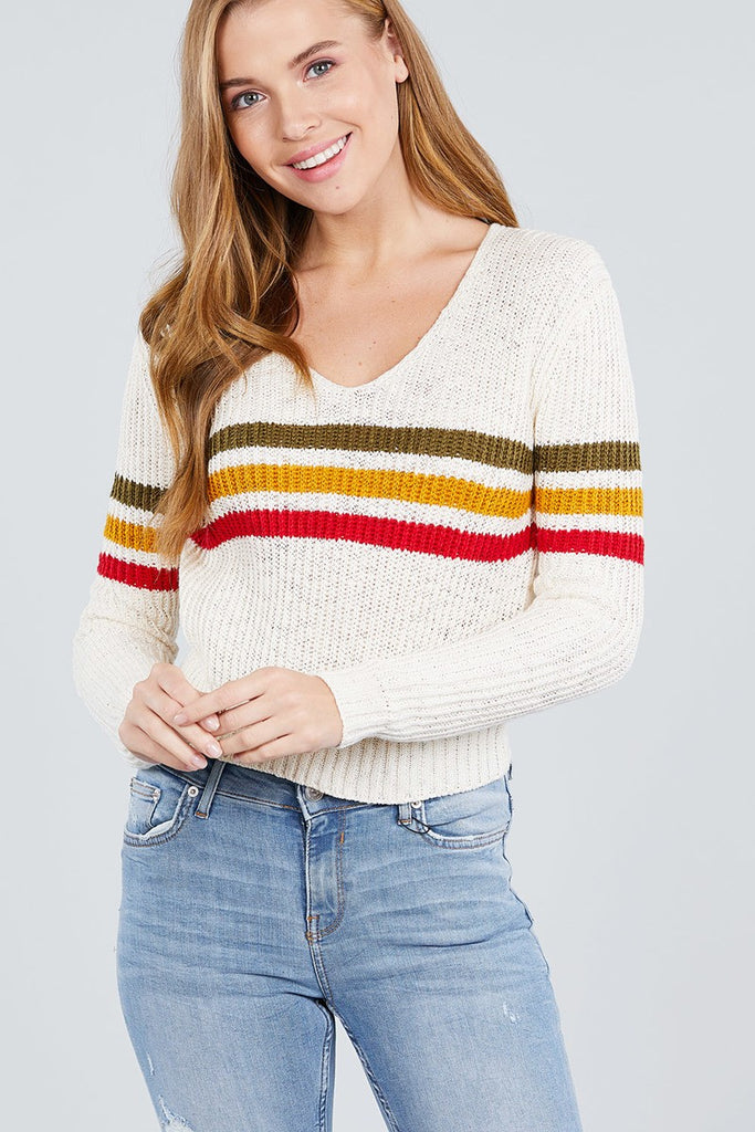 Long Sleeve V-neck Multi Stripe Crop Sweater
