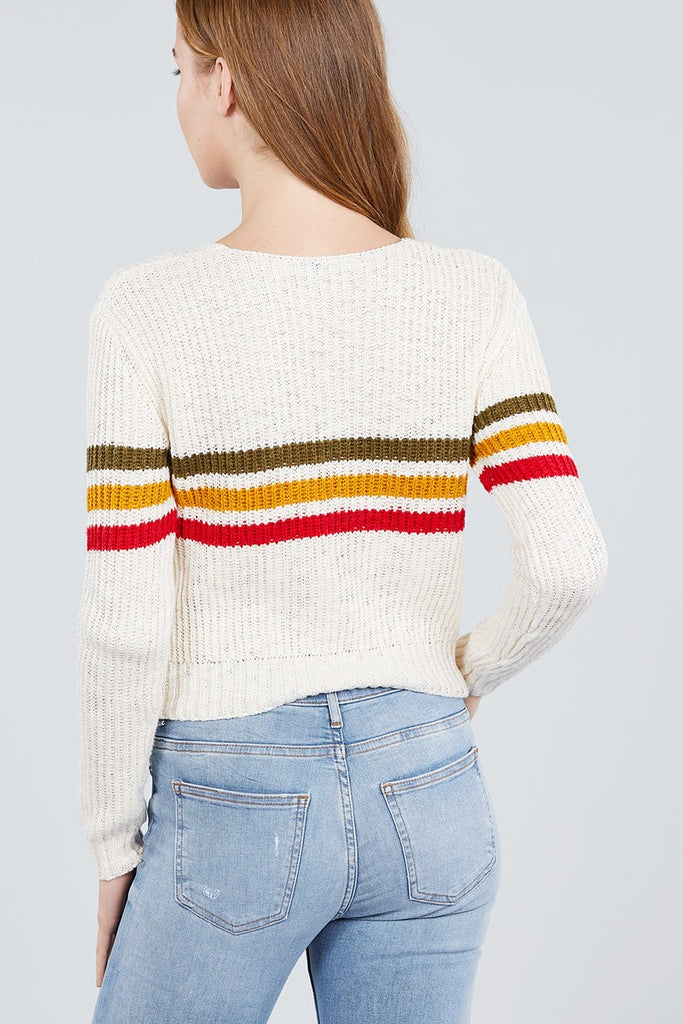 Long Sleeve V-neck Multi Stripe Crop Sweater