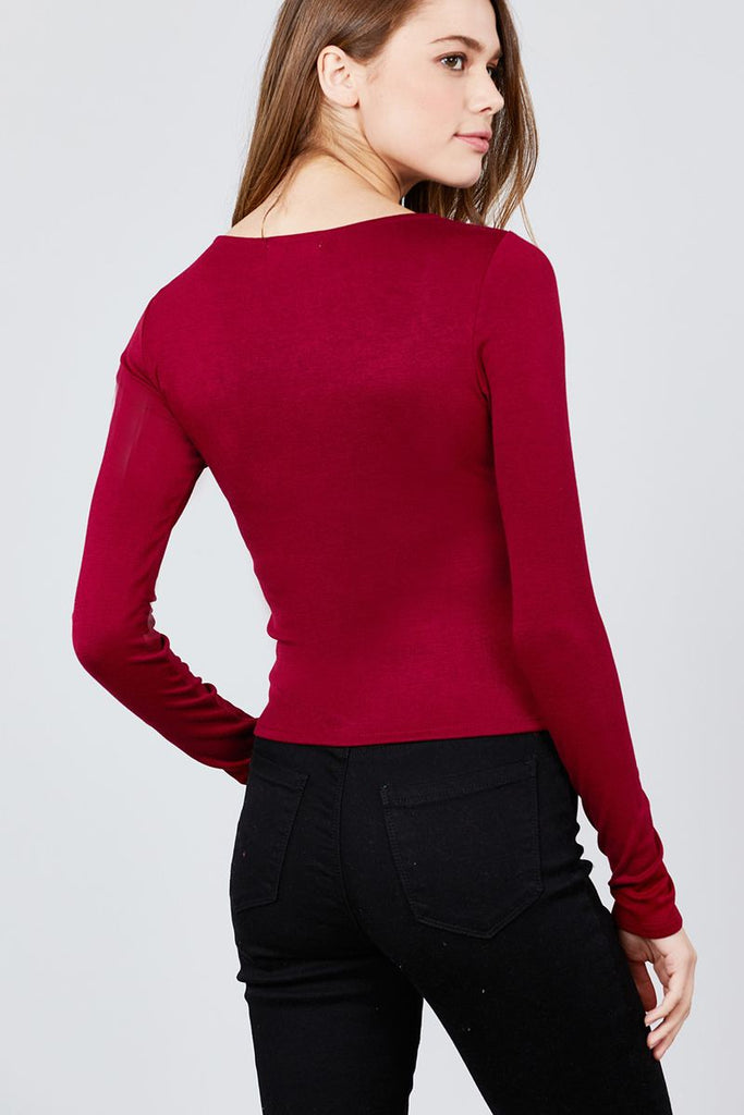 Long Sleeve Scoop Neck Front Button Detail Rib Knit Top