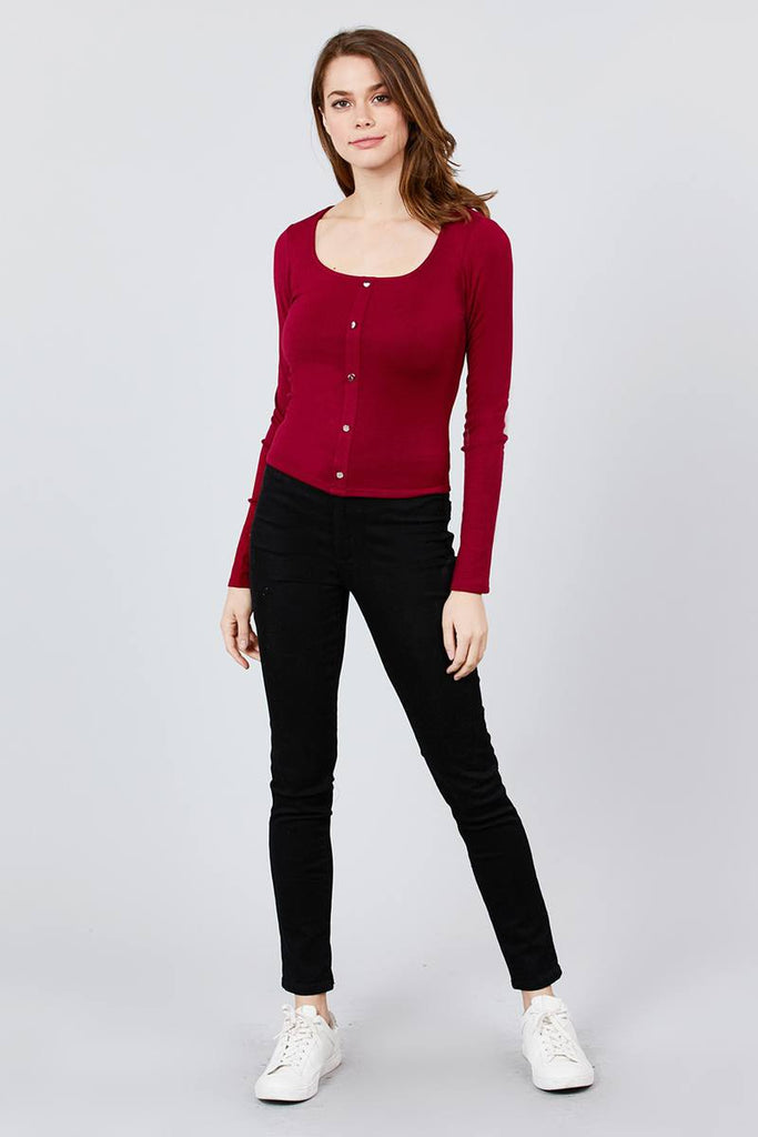Long Sleeve Scoop Neck Front Button Detail Rib Knit Top