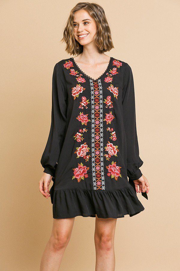 SALLY Floral Embroidered Long Sleeve Dress