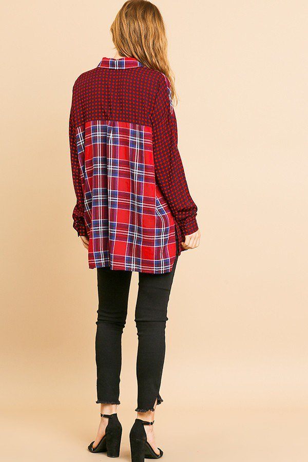 Plaid And Checkered Print Long Roll Up Sleeve Button Front Collared Top With Chest Pocket