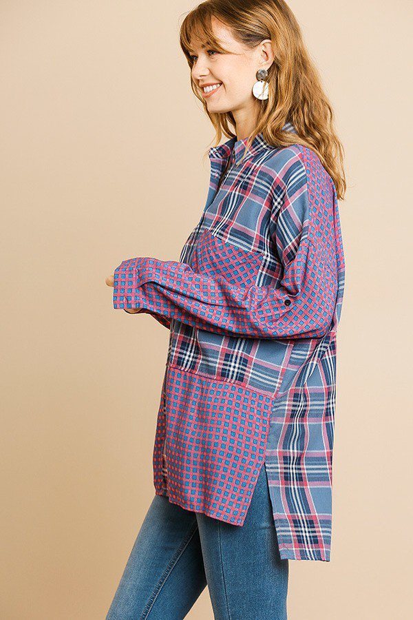 Plaid And Checkered Print Long Roll Up Sleeve Button Front Collared Top With Chest Pocket