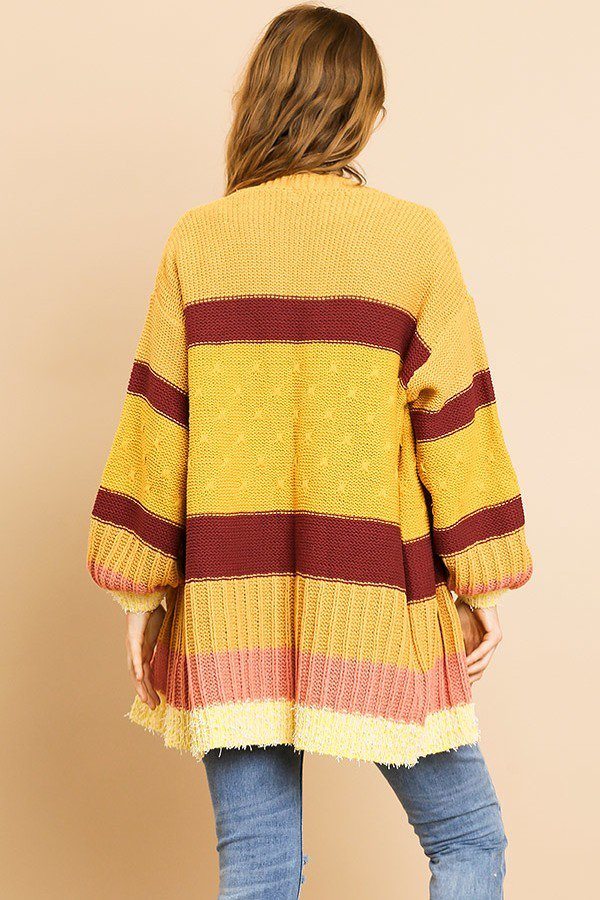 Multi Color Mixed Fabric Long Sleeve Open Front Cardigan Sweater