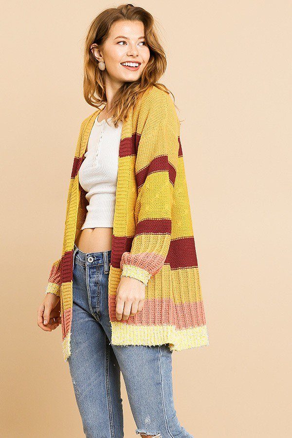 Multi Color Mixed Fabric Long Sleeve Open Front Cardigan Sweater