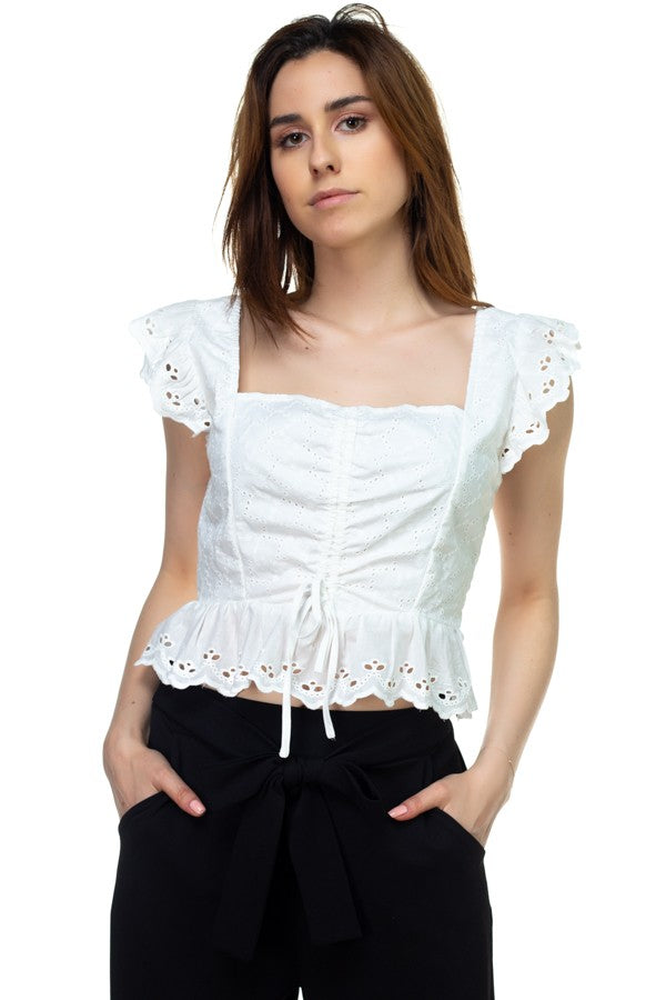 Embroidered Ruffle Cropped Top
