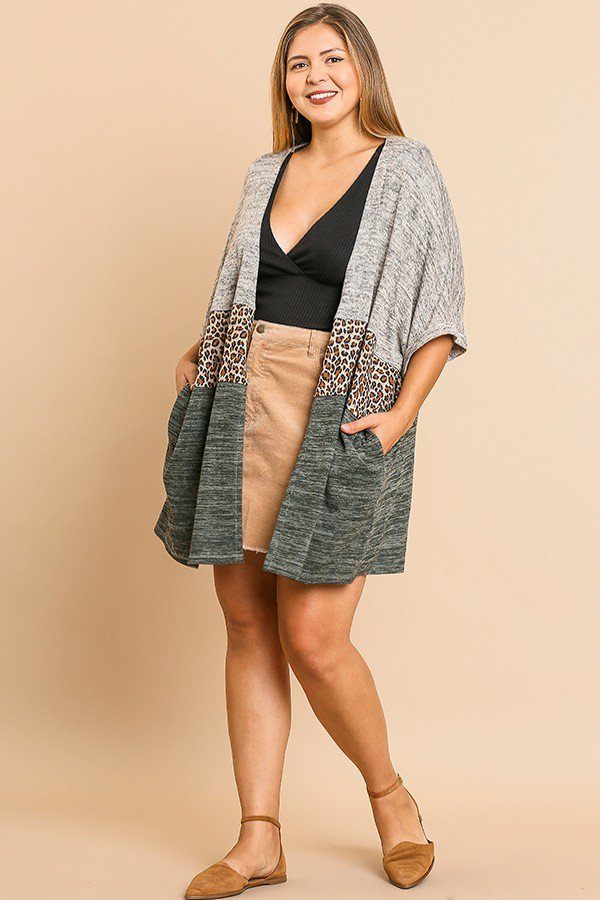 Short Sleeve Knit And Animal Print Color Blocked Open Front Kimono