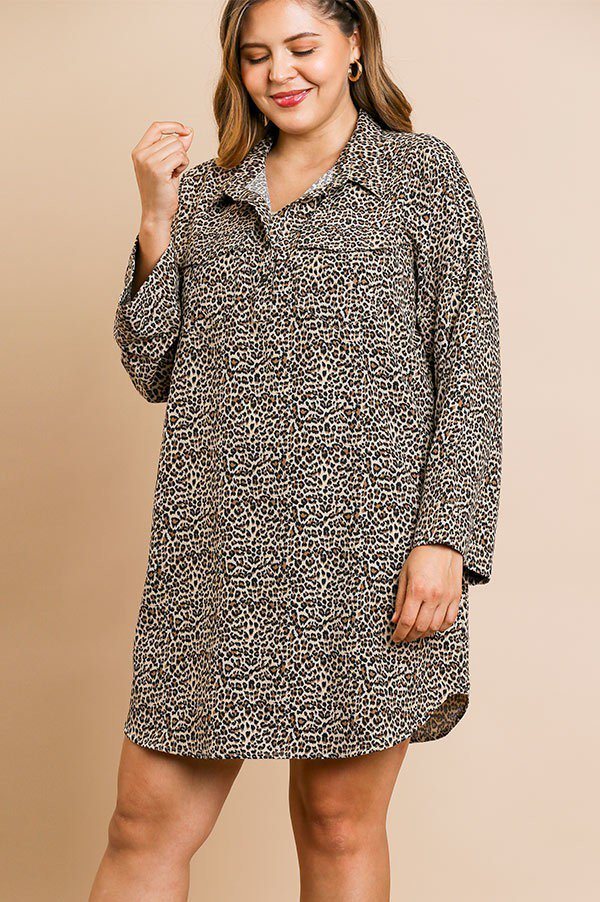 Animal Print Long Sleeve Collared Dress With Chest Pockets And Scoop Hem