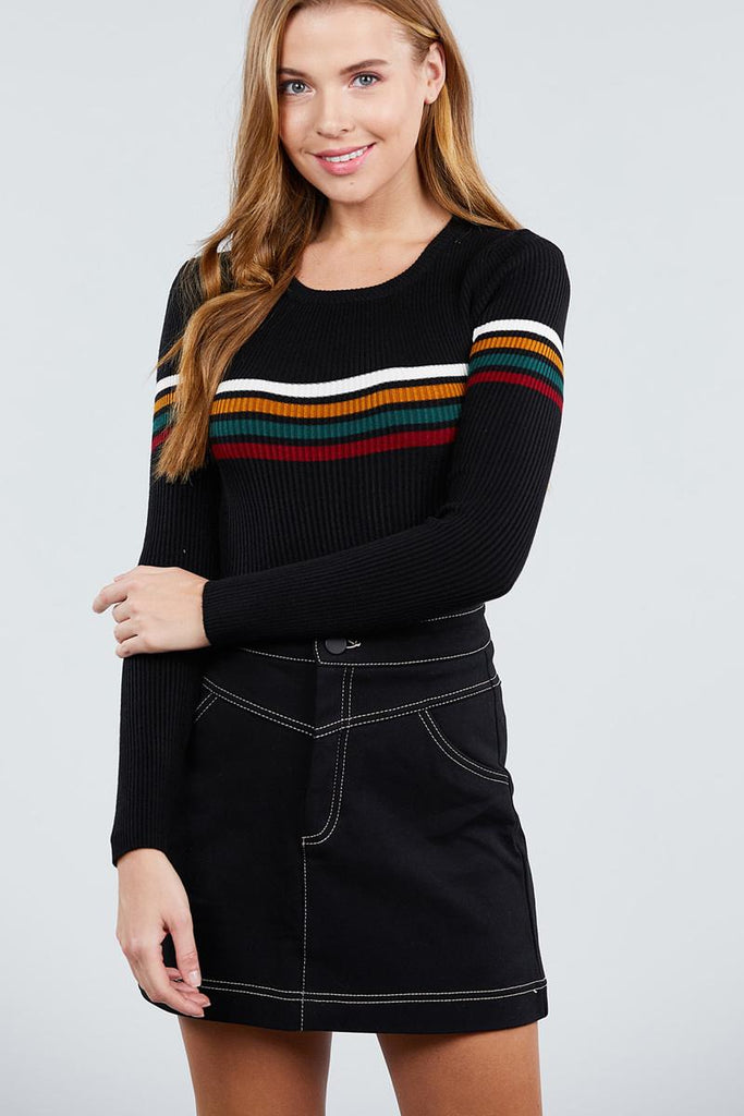 Long Sleeve Round Neck Stripe Sweater Top