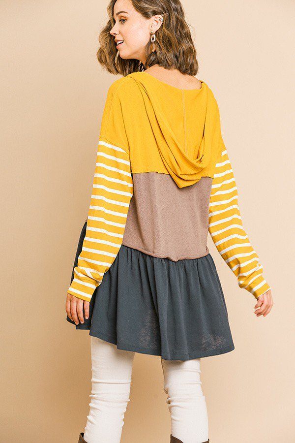 Striped Long Sleeve Color Blocked Hooded Tunic With Drawstring And Ruffle Hem