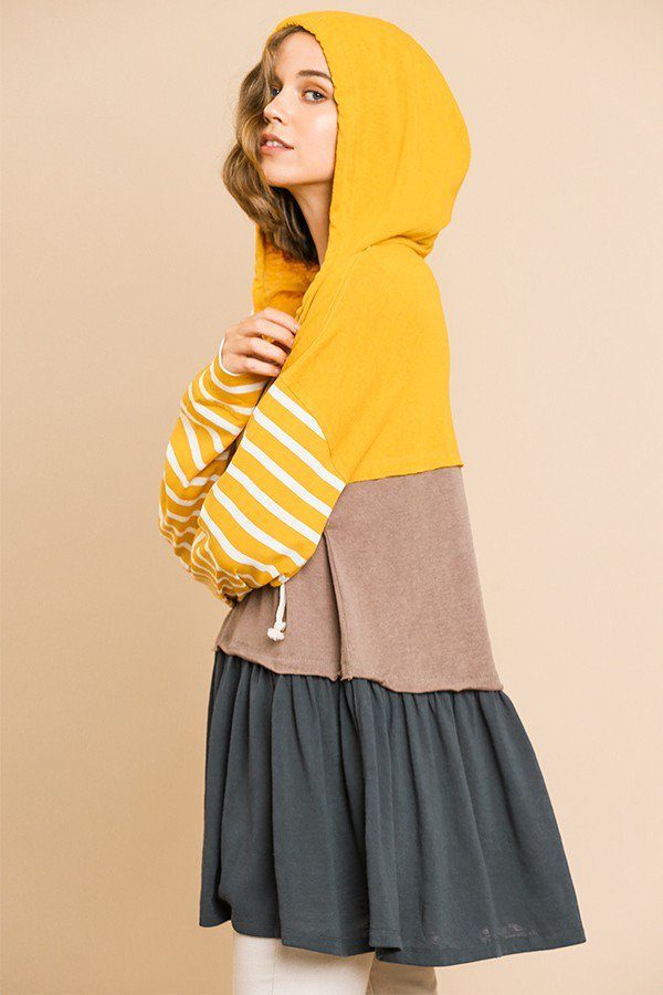 Striped Long Sleeve Color Blocked Hooded Tunic With Drawstring And Ruffle Hem