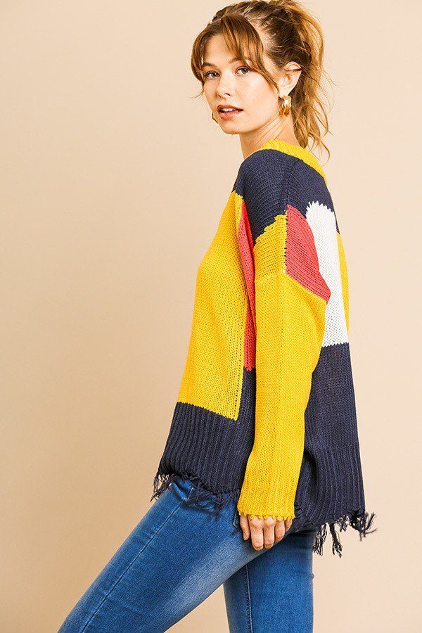 Color Blocked Long Sleeve V-neck Knit Pullover Sweater