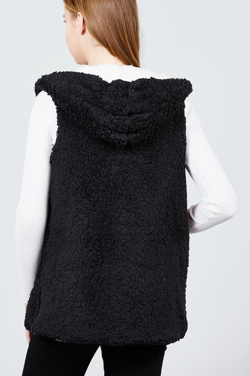 Open Front W/hoodie Faux Fur Reversible Vest