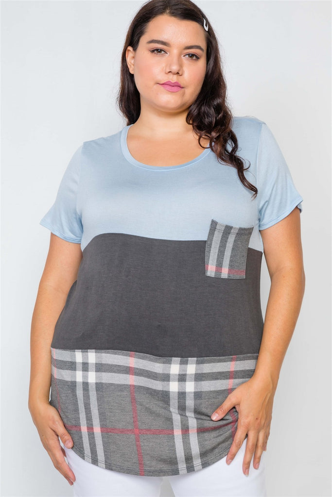 Plus Size Charcoal Blue Casual Combo Knit Top