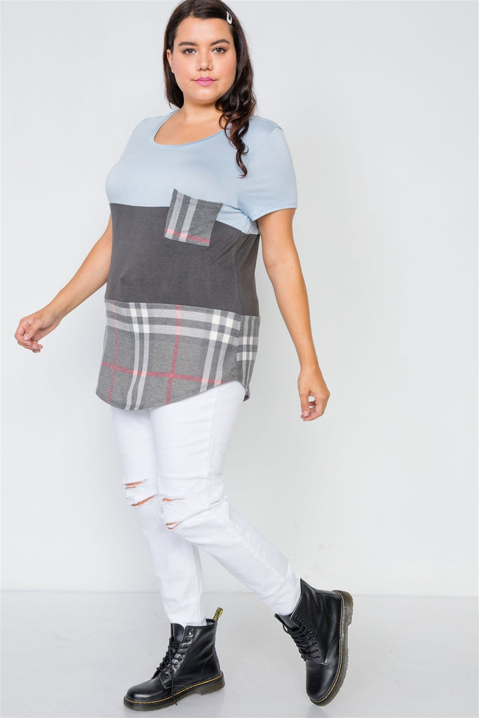 Plus Size Charcoal Blue Casual Combo Knit Top