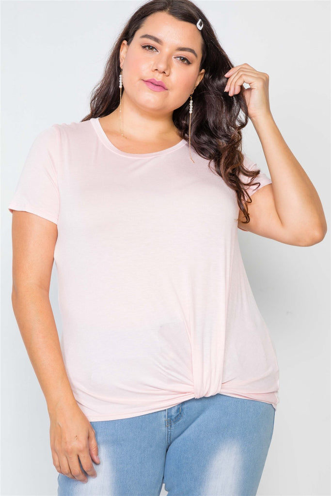 Plus Size Solid Front-twist Short Sleeve Top