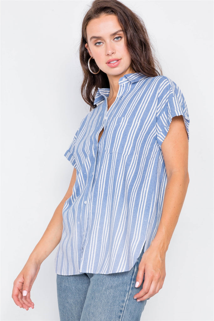 Washed Pinstripe Button Down Top