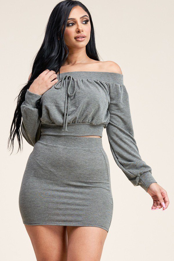Solid French Terry Long Sleeve Off The Shoulder Top And Skirt Two Piece Set