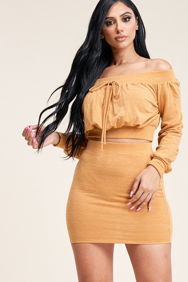 Solid French Terry Long Sleeve Off The Shoulder Top And Skirt Two Piece Set