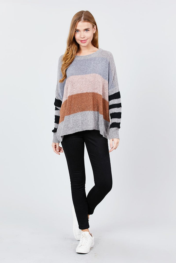 Long Dolman Sleeve Round Neck Multi Color Block Sweater