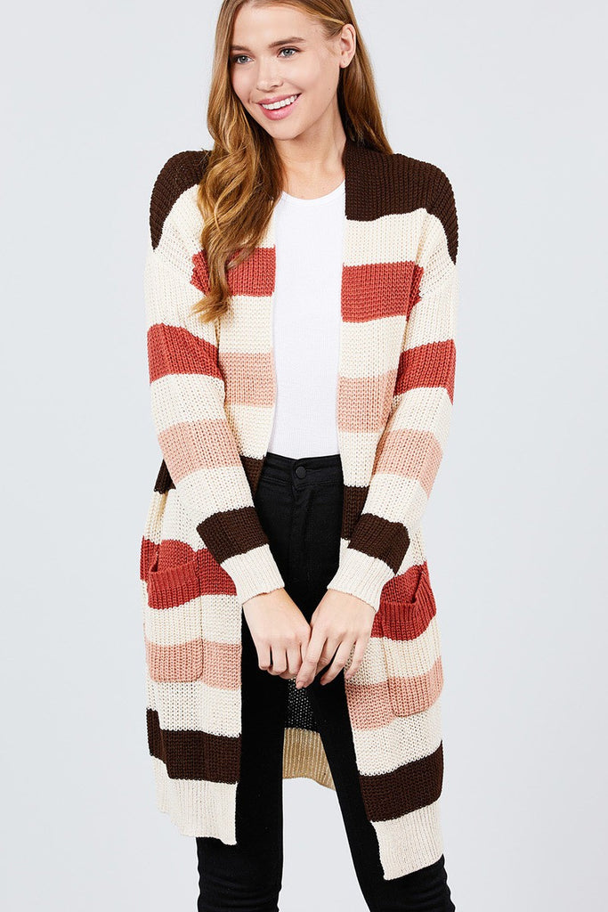 Long Sleeve W/two Pocket Color Block Sweater Cardigan