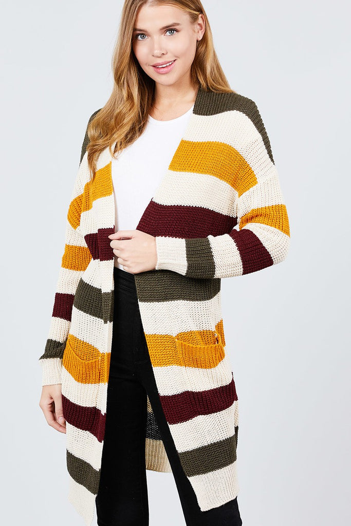 Long Sleeve W/two Pocket Color Block Sweater Cardigan