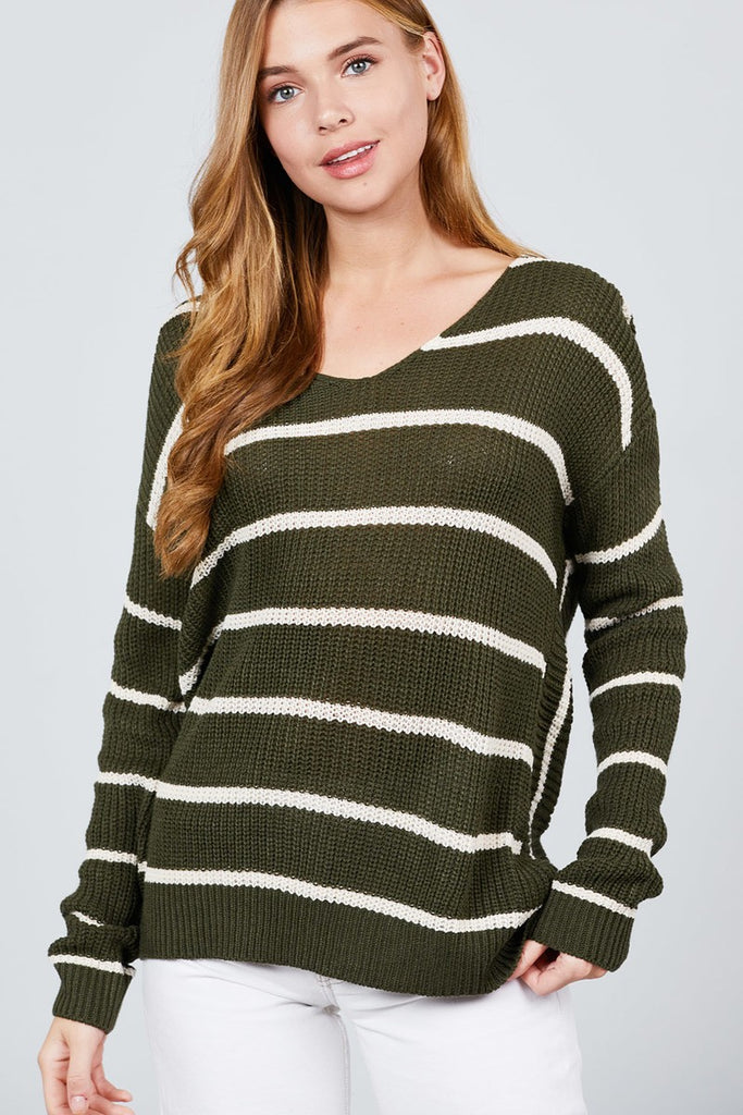 Long Sleeve V-neck Twist Back Stripe Sweater Top