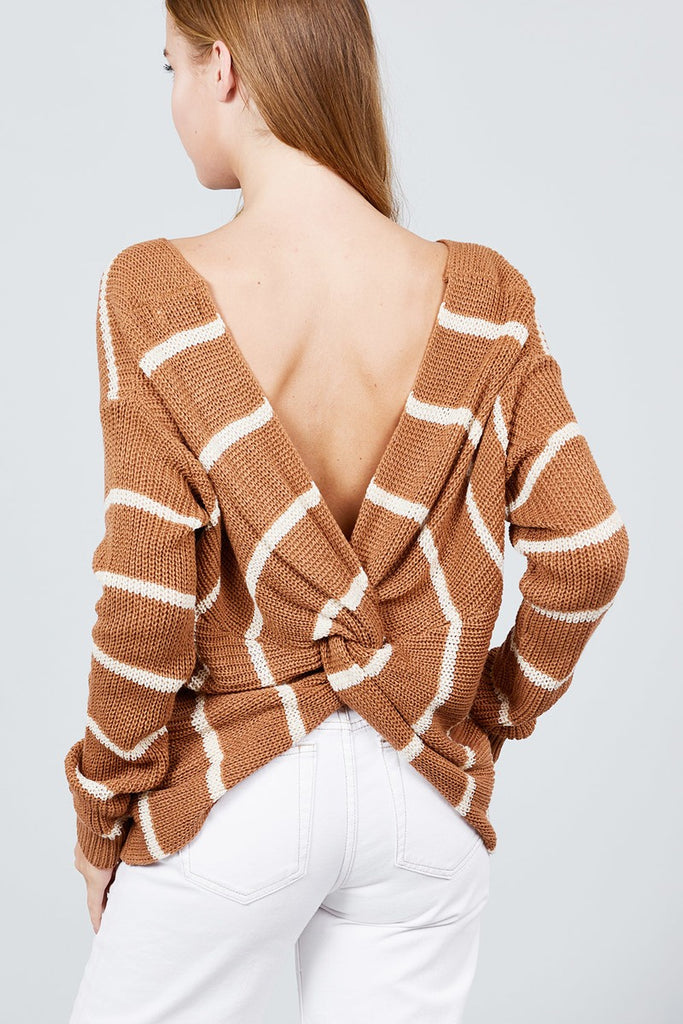 Long Sleeve V-neck Twist Back Stripe Sweater Top