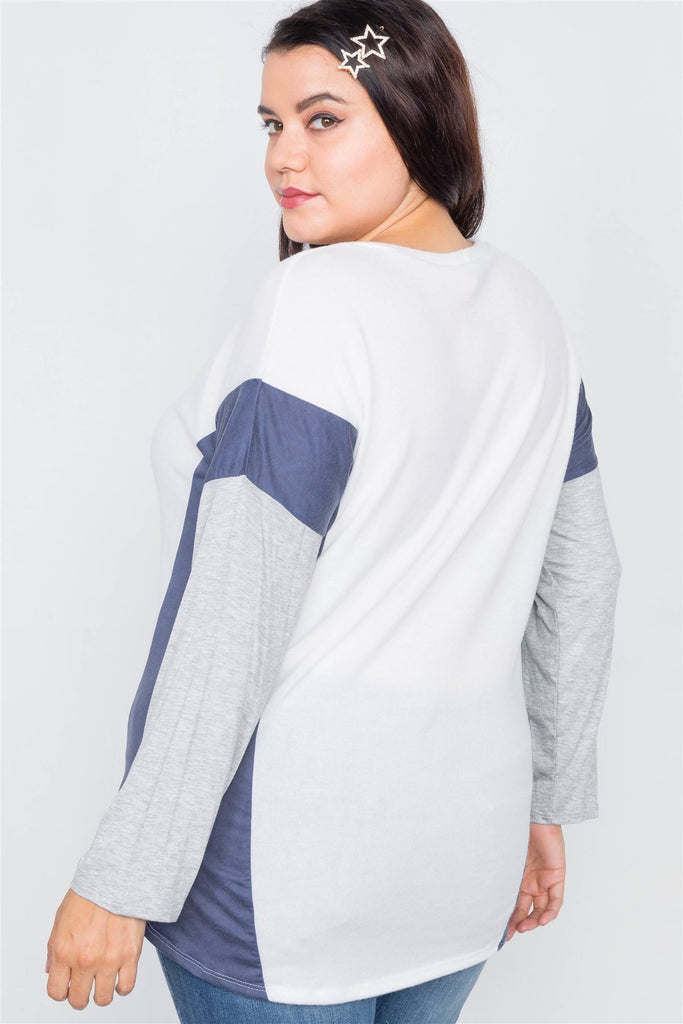 Plus Size Ivory Navy & Grey Colorblock Soft Knit Top