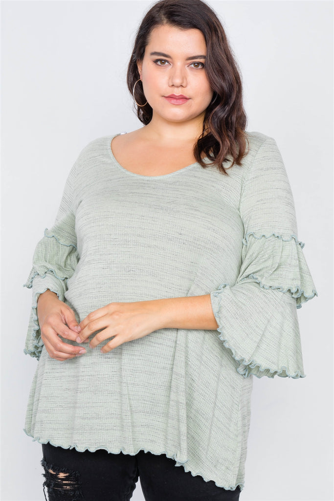 Plus Size Tiered Ruffle Bell Sleeve Scoop Neck Top
