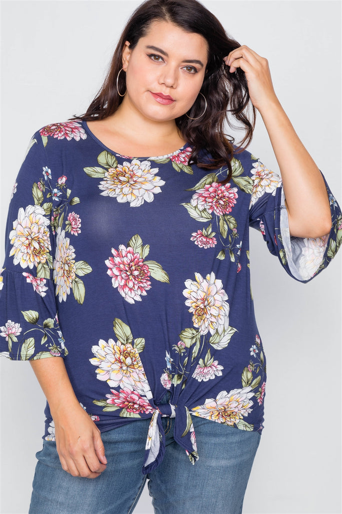Plus Size Floral Print Front Knot High-low Top