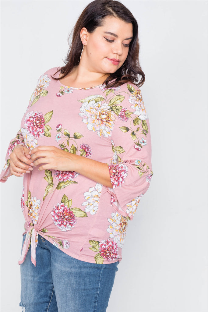 Plus Size Floral Print Front Knot High-low Top