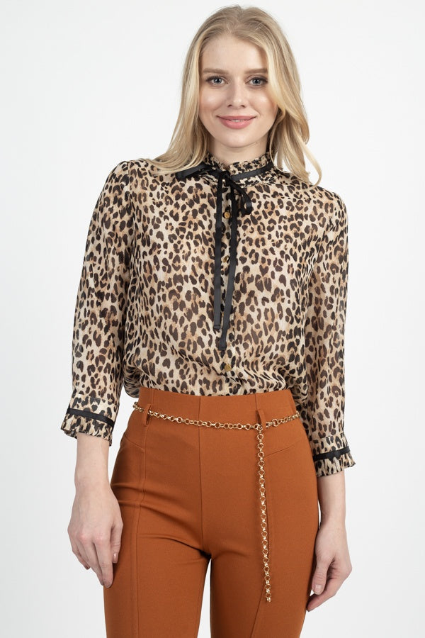 Pussycat Bow Chiffon Leopard Print Shirt