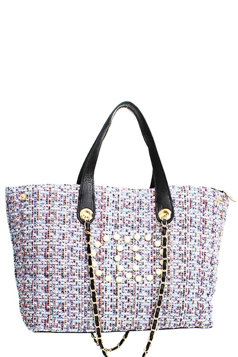 Chic Rough Fabric Woven Satchel With Linked Chain