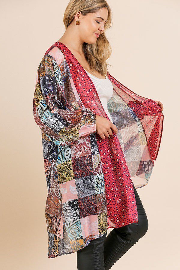 Sheer Animal Scarf Mixed Print Long Puff Sleeve Open Front Long Kimono