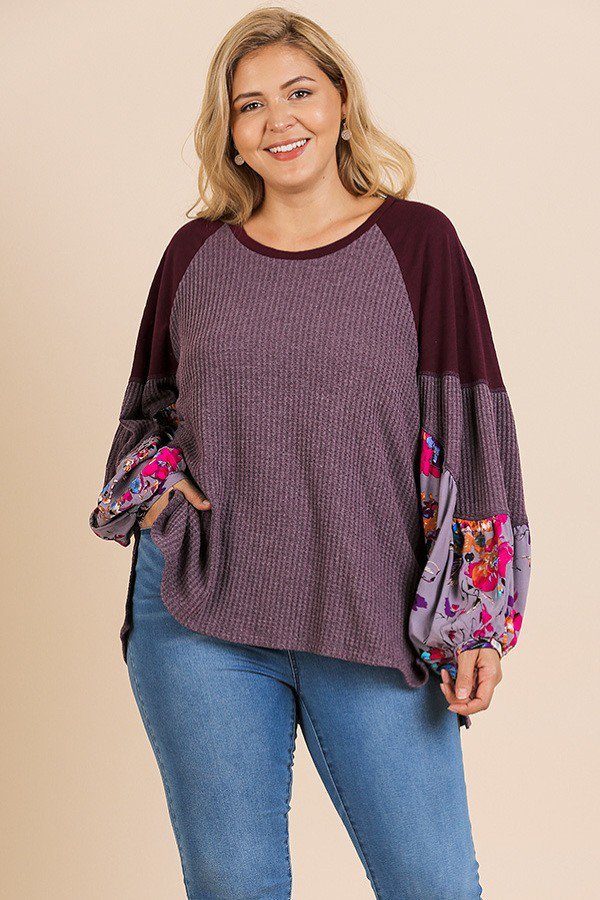 Floral Print Long Puff Sleeve Round Neck Waffle Knit Top