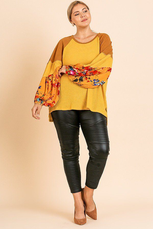 Floral Print Long Puff Sleeve Round Neck Waffle Knit Top