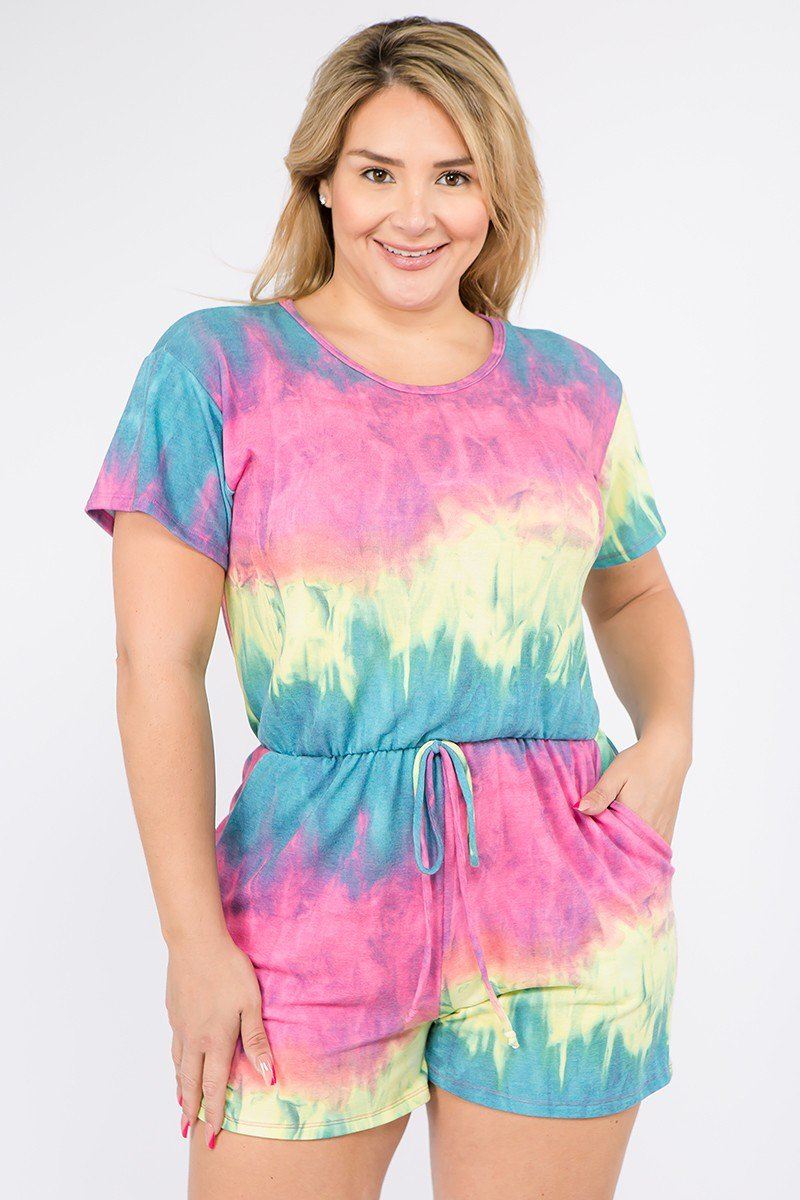 Tie Dye French Terry Short Sleeve Romper With Pockets