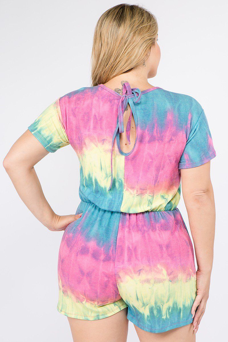 Tie Dye French Terry Short Sleeve Romper With Pockets