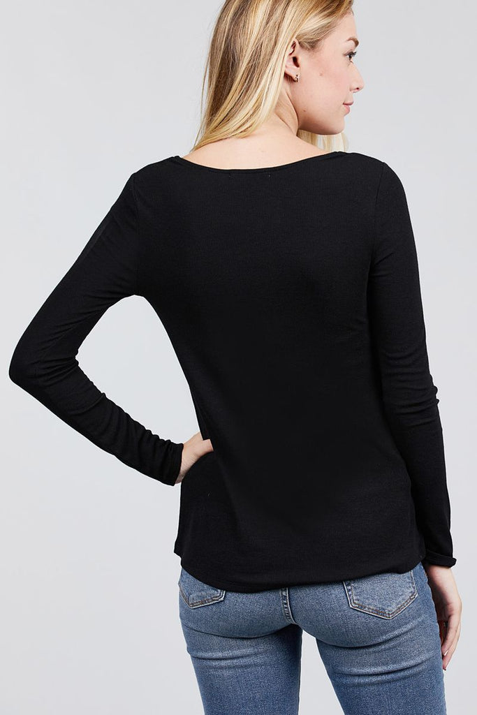 Long Sleeve Round Neck Button Detail Rib Knit Top