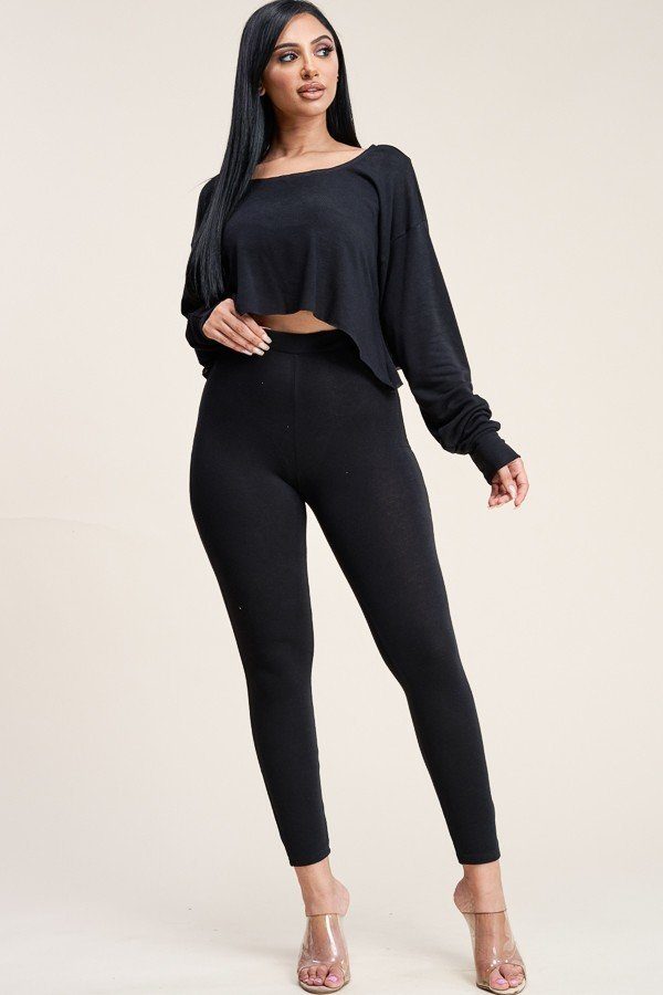 Solid French Terry Long Sleeve Slouchy Top And Leggings Two Piece Set