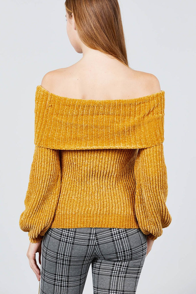 Long Sleeve Fold Over Off The Shoulder Chenille Sweater