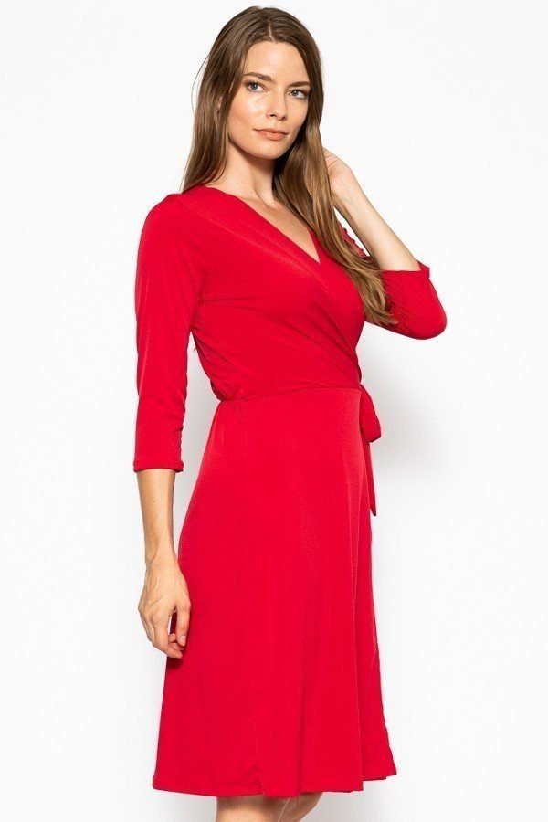 Cute Midi 3/4 Sleeve Dress With A Overlapping V-neck Line And A Belted Waist