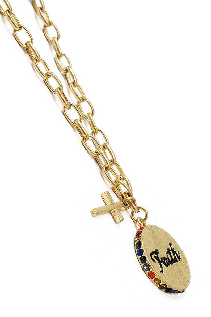 Fashion Side Rhinestone Circle Faith Pendant And Cross Necklace