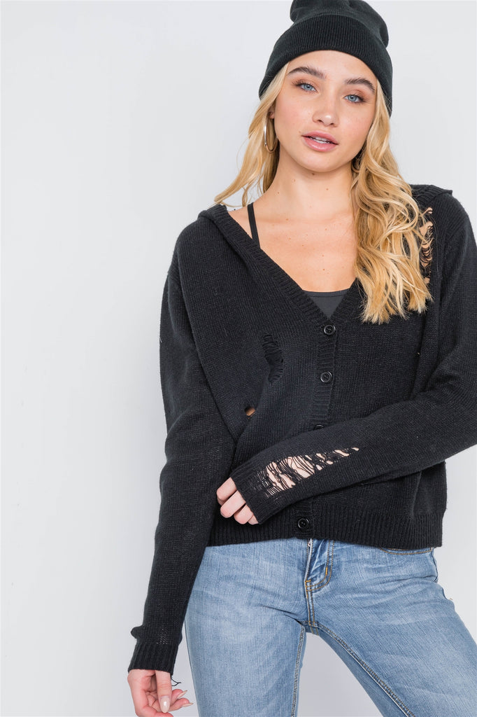 Knit Distressed Hooded Button-front Sweater