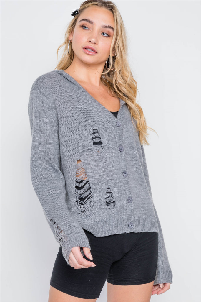 Knit Distressed Hooded Button-front Sweater