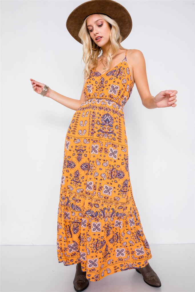 HARRIET Mustard Boho Print V-neck Cami Straps Maxi Dress